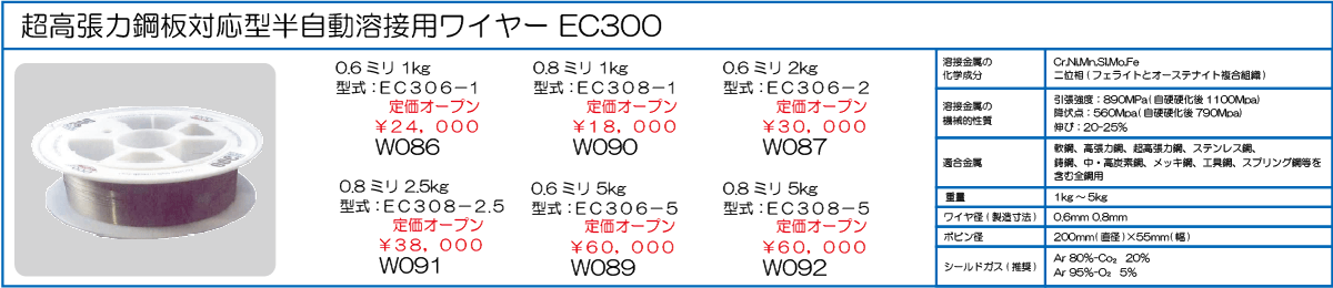 EC306-1 EC308-1 EC306-2 EC308-2 EC306-5 EC308-5 超高張力鋼板対応型半自動溶接用ワイヤ 0.6ミリ1kg 0.8ミリ1kg 0.6ミリ2kg 0.8ミリ2kg 0.6ミリ5kg 0.8ミリ5kg