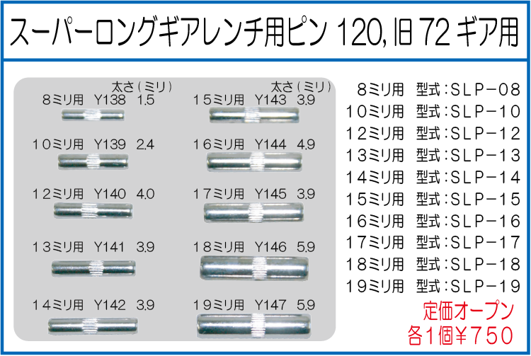 SLP-08 SLP-10 SLP-12 SLP-13 SLP-14 SLP-15 SLP-16 SLP-17 SLP-18 SLP-19 スーパーロングギアレンチ用ピン 120,旧72ギア用 8ミリ用 10ミリ用 12ミリ用 13ミリ用 14ミリ用 15ミリ用 16ミリ用 17ミリ用 19ミリ用